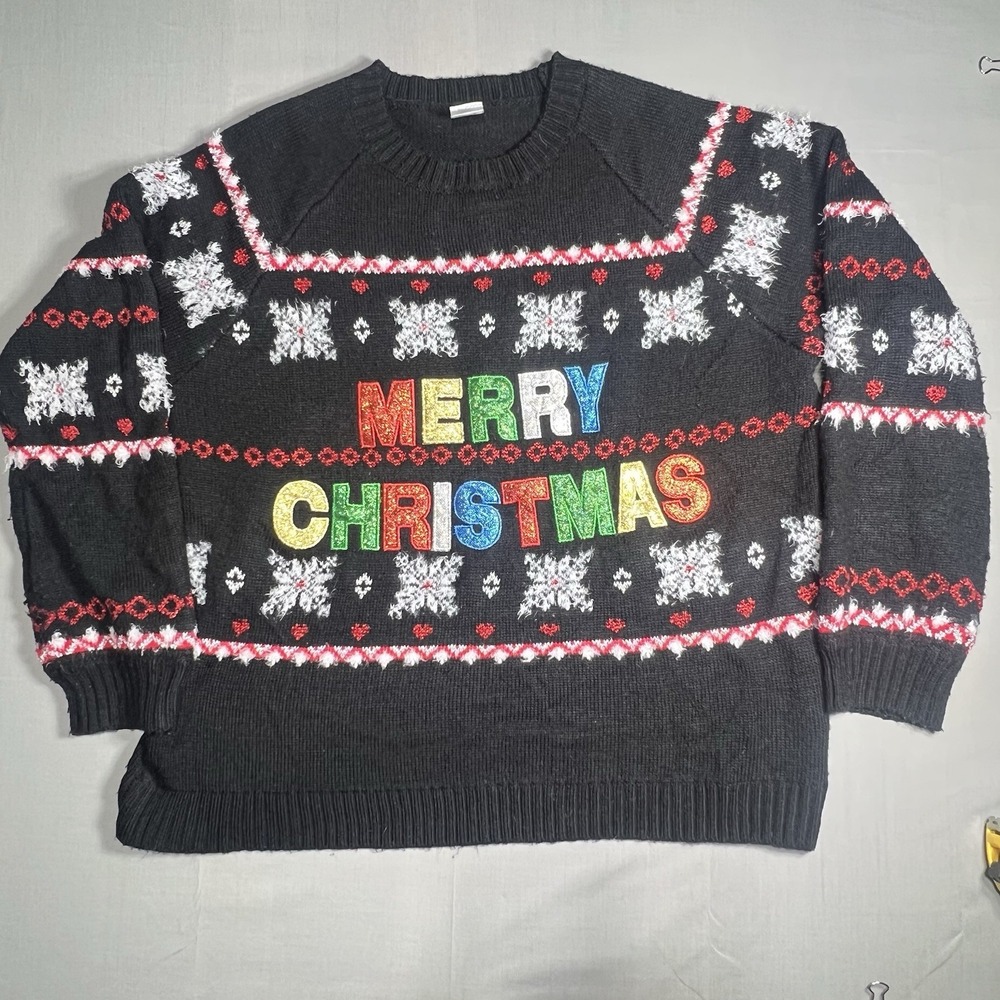 Holiday Time Sweater Merry Christmas Glitter Black Mens XL